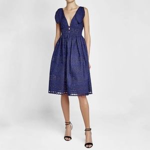 Self-Portrait | Deep V-Neck Broderie-Anglaise Dress in Navy Size 8